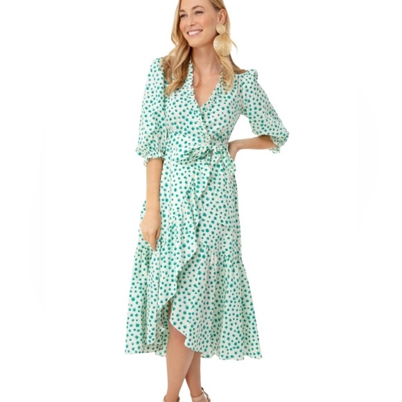 Rebecca Taylor Emerald Daisy Ruffle Wrap Midi Dress Size 4 - Picture 2 of 10